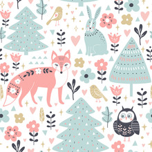 Seamless Pattern With Cute Animals In Cartoon Style: Fox, Rabbit, Owl.
