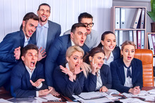Mad Business People Office In High School Celebrate Successful Passing Exams. Employees Scoff At Boss. Men And Women Fooled To Give Bunny Fingers Prank. They Make Faces With Joy.