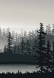Nature background with river, tree and mountain. Fog and snow on mountain, portrait view wallpaper - Vector illustration 
