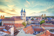 Beautiful View Of The Minorit Church And The Panorama Of The City Of Eger, Hungary, At Sunset