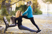 Two Sportive Young Women Stretching In Park