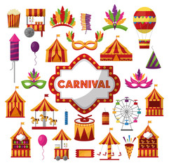 Sticker - carnival set tent carousel ferris mask fireworks drum balloon vector illustration