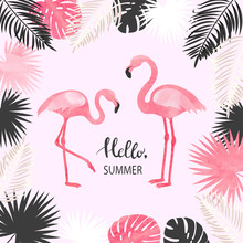 Summer Tropical Vector Illustration With Watercolor Flamingo And Palm Leaves.
