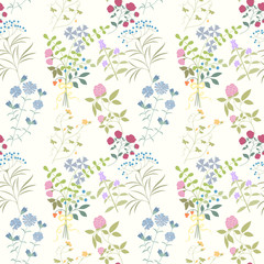 Wall Mural - Seamless pattern of flowers, herbs and leaves