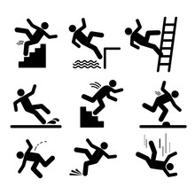 Set Of Caution Symbols With Stick Figure Man Falling. Falling Down The Stairs And Over The Edge. Wet Floor, Tripping On Stairs. Workplace Safety. Vector Illustration. Isolated On White Background