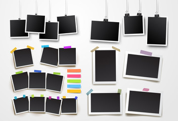 Wall Mural - set of blank photo frame hanging on a clip. retro vintage style. black empty place for your text or 