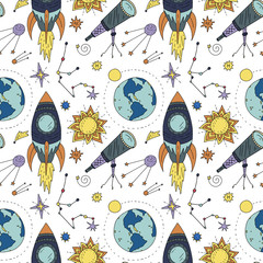 Wall Mural - seamless pattern with cosmos doodle illustrations.
