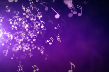 Floating musical notes on an abstract purple background with flares 3d illustration