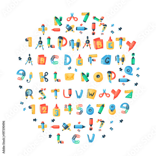  Plakat abecadło - alfabet   alfabet-pismiennicze-litery-wektor-abc-czcionki-alfabetyczne-ikony-materialow-biurowych