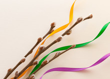 Willow  Gold  Green Violet Ribbons On A Creamy Paper Background. Palm Branch Sunday. Entry Into Jerusalem. Easter Concept For Card, Gift. Resurrection Of Jesus. Pascha.