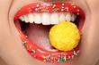 Lips Makeup. Lips With Colored Lipstick And Sweets.