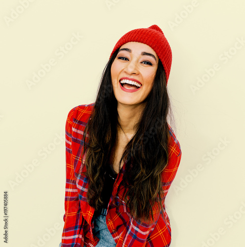 Happy Brunette Girl Smile And Fashion Outfit Checkered Shirt And