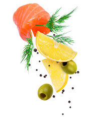 Wall Mural - Twisted juicy salmon slice with slices of lemon and olives in dynamic motion, isolated on white background