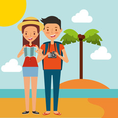 Sticker - couple with map and camera in the beach traveling vacation vector illustration