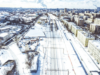 aerial winter view of the railways in the city