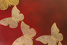 Gold Carved Butterflies, Decorative Butterfly On Red Background