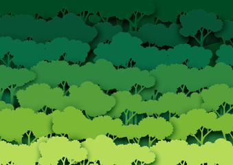 Aufkleber - Save the world with ecology and environment conservation concept.Green forest and nature landscape paper art style.Vector illustration.