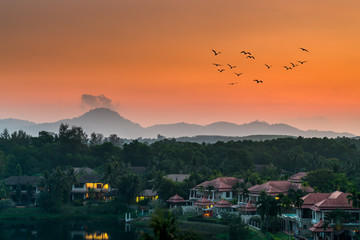 Wall Mural - Sunset in the village mountains birds lake