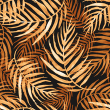 Seamless Watercolor Pattern, Background. Palm Leaf Background, Postcard. Orange, Brown Tropical Palm Leaf. Illustration For Design Wedding Invitations, Greeting Cards, Postcards. On A Black Background