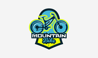 Wall Mural - Colorful logo, emblem, mountain bike icon. Bicycle, transport, downhill, freeride, extreme, sports. T-shirt printing, vector illustration.