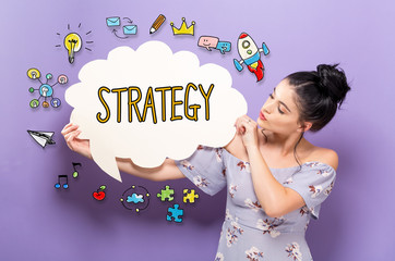 Strategy with young woman holding a speech bubble