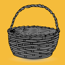 Gray Basket For Products, Silhouette-cartoon On Yellow Background,