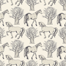 Vintage Beautiful Background With Horses And Trees, Creative Forest, Retro Seamless Pattern, Art Fabric, Fantasy  Print, Wallpaper For Decoration And Design