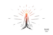 Praying Concept. Hand Drawn Hands In Praying Position. Prayer To God With Faith And Hope Isolated Vector Illustration.