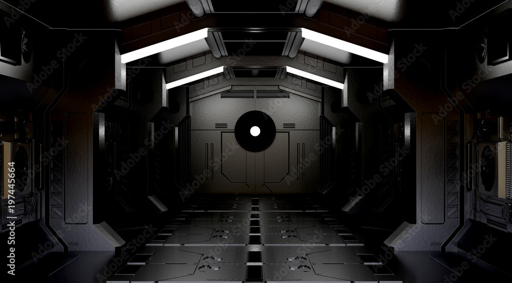 3d Rendering Elements Dark Spaceship Interior With View