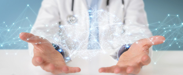 Poster - Doctor holding digital brain interface 3D rendering