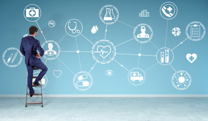 Aufkleber - Businessman watching medical interface on a wall 3D rendering