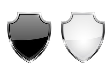 Wall Mural - metal 3d shields. black and white glass icons with chrome frame