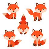 Set of cute cartoon foxes in modern simple flat style.