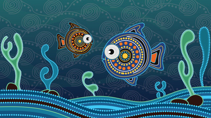 aboriginal dot art painting with fish. underwater concept, landscape background wallpaper vector ill