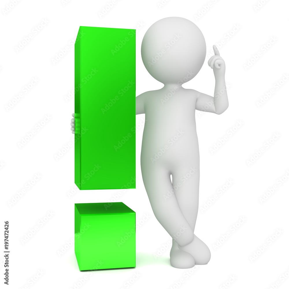 exclamation mark 3d green exclamation point idea signal man notify stick figure reporting person people pointing up lifting raising hand - obrazy, fototapety, plakaty 