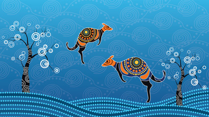 Poster - Aboriginal art vector painting with kangaroo. Illustration based on aboriginal style of landscape dot background. 