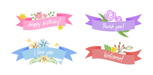 Wall Mural - set of four cute colorful ribbons with flowers for your greeting card isolated on white background