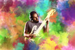 Man with headphones plays virtual electric guitar in holi color cloud