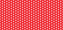 Rectangle Seamless Pattern Of White Animal Paw Prints On Red Background.