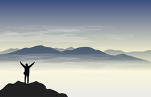 Vector High Mountain Scenery With Man Celebrating The Achievment And Enjoying View