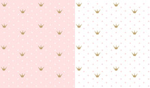 Pink And White Seamless Pattern With Golden Crown. Classic Backdrop For Invitation Card And Decoration Party (wedding, Baby Girl Shower, Birthday) Cute Polka Dots Wallpaper For Princess Child's Room.