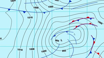 Wall Mural - Animated weather forecast map on light blue background with isobars, cold and warm fronts, high and low pressure systems. In 4K and HD.