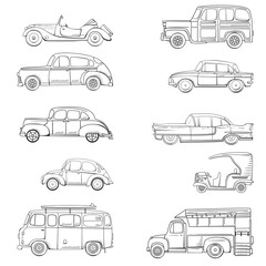 Collection with retro car in cartoon style. Color vintage retro auto. Classic car drawn set outline