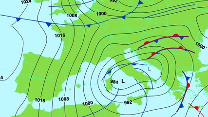 Wall Mural - Animated weather forecast map of central and south Europe (Great Britain, Germany, France, Italy, Spain etc) with isobars, cold and warm fronts, high and low pressure systems. In 4K and HD.