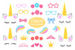 Create your own unicorn - big vector collection. Unicorn constructor. Cute unicorn face. Unicorn details - Horhs, eyelashes, ears, hairstyles, flowers, crowns, glasses, bows . Vector