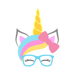 Wall Mural - Cute unicorn face with bow and sunglasses. Unicorn head. Vector