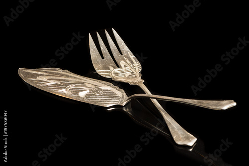 Zdjęcie XXL Nóż do ryb i widelec ze srebra z grawerunkiem