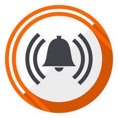 Leinwandbilder - Alarm flat design vector web icon. Round orange internet button isolated on white background.