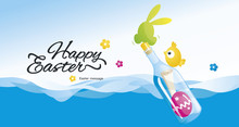 Happy Easter Message In The Bottle At The Sea Blue Green Pink Yellow Greeting Card