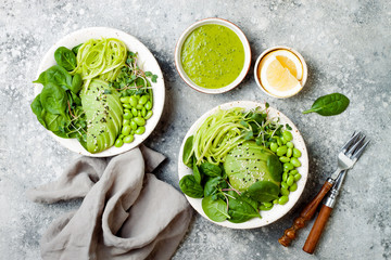 Wall Mural - Vegan, detox Buddha bowl with avocado, spinach, micro greens, edamame beans, zucchini noodles and herb green dressing. Top view, grey concrete background